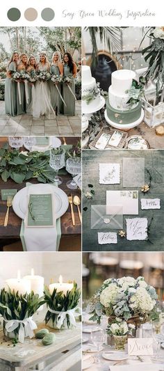 a collage of photos with green and white wedding colors in shades of gray, gold, and silver