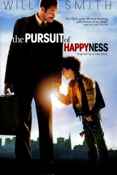 the pursuit of happyness movie poster with two people standing in front of a city