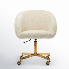 an office chair with wheels and a white upholstered seat