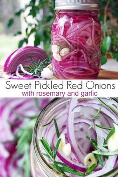 pickled red onions with rosemary and garlic in a jar