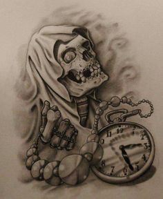 a drawing of a skeleton holding an alarm clock