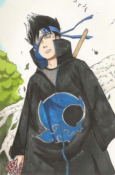 a drawing of a man in a black coat with a blue mask on his face