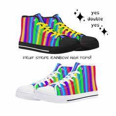 Gorgeous Fruit Stripe Rainbow high top sneakers to go with our matching fruity fashions--just makes your mouth water, doesn't it? Fantastic for parades, performance, professional clowning or a cute clown costume, the clowncore aesthetic is like, so hot right now. Be extra #Clowncore #Maximalist let's gooooooooooooooooooo✌️ YESDOUBLEYES has FREE GLOBAL SHIPPING🌎 alt clown punk fashions for Pride fest, rave, Burning Man, music festivals, roller derby, funky drag groovy party wear Specially made-to-order and worth the wait! Original artwork by yesdoubleyes ❤️Features:Canvas uppers with PU toe cap, rubber sole, removable EVA insole ❤️Fit: RUNS SMALL please take measurements from clothing you have at home that fits how you like, then compare to our chart. Centimeters are more accurate. When in Clown Punk, Cute Clown Costume, Clown Walk, Clowncore Aesthetic, Circus Outfits, Clown Clothes, Clown Shoes, Clown Illustration, Cute Clown