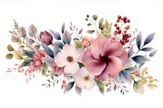 a bouquet of flowers with leaves and berries painted on it's white backround