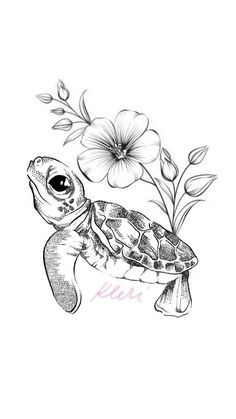 a drawing of a turtle and flowers