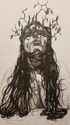 a drawing of a woman with long hair wearing a crown of leaves on her head