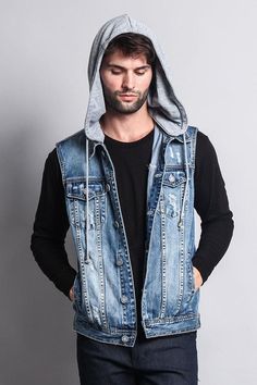 The classic denim vest is here for a comeback! Now featuring a detachable look for that pre-layered look! Offered in distressed wash, this will be your new go-to outerwear that makes for a great layering piece! - 100% Cotton - Machine-wash cold inside out - Imported Denim Jackets, Detachable Hood, Layered Look, Denim Vest, Layering Pieces, Victorious, Color Options, Inside Out, Denim Jacket