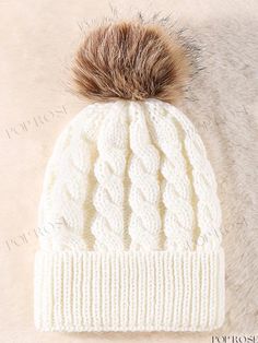 Poprose - Spring Fall Winter Knit Pom Pom Hat Collection White Acrylic Winter Hat, Winter White Crochet Hat In Acrylic, White Soft Knit Winter Hat, White Acrylic Crochet Hat For Winter, White Acrylic Hat For Fall, Winter Cream Crochet Hat With Soft Knit, Cream Crochet Winter Hat With Soft Knit, Cream Knitted Winter Hat, Cream Soft Knit Crochet Hat For Winter