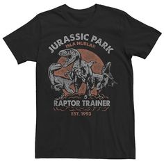 a black t - shirt with an image of a raptor trainer on the front