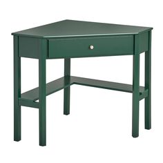 a green corner table with one drawer open