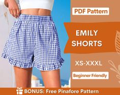 a woman wearing shorts with the text,'free pattern'in front of her