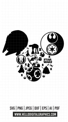 the star wars logo is shown in black and white, as well as some other items