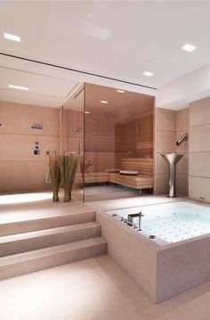 a bathroom with a large jacuzzi tub in it