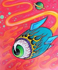 a painting of a fish with an eye and planets in the background