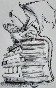 a drawing of a dragon sitting on top of a pile of books