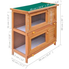 a wooden rabbit hutch with two doors and one door open on the side, measurements