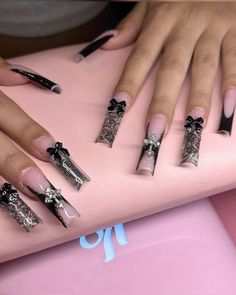 #lacenails #blacknails #gothic #nails #nailsofinstagram #nailstagram #longnails #bownails #cross #halloween #lace #aesthetic #grunge #blacklace Xavier Wulf Nails, Black Lace Acrylic Nails, Pink And Black Lace Nails, Lace Nails Black, Misa Amane Nails, Black Lace Nails Designs, Pink Cross Nails