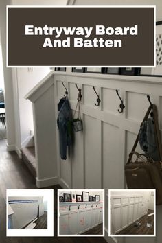 the entryway board and batten is shown with pictures of coat racks, purses, and coats