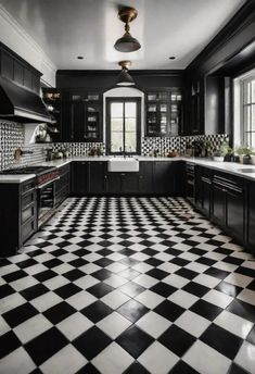 a black and white checkered floor in a kitchen