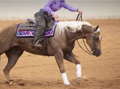 a woman riding on the back of a brown horse in a dirt field with white hair