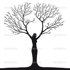 a woman standing in front of a tree silhouetted against a white background with no leaves