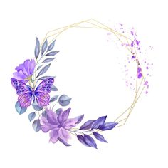 a watercolor painting of purple flowers and leaves on a white background with a gold frame