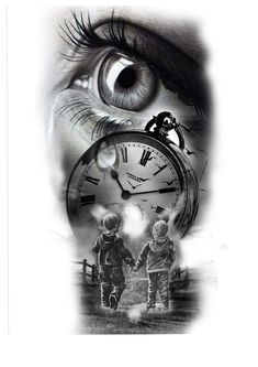 an eye with the image of two people holding hands and a clock in front of them