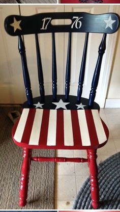 an old chair is painted red, white and blue with stars on it for patriotic decor