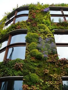 a very tall building with lots of plants growing on it's side and windows