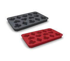 two ice trays with hearts on them, one in red and the other in grey