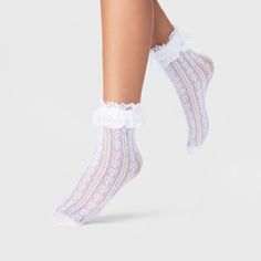 Add a stylish finish to your going-out looks with these Crochet Heart Sheer Anklet Socks with Lace Ruffle from A New Day™. The anklet socks feature a crochet heart sheer design with lace ruffle trim for a gorgeous look that you can style with a variety of shoes. They're made from a soft fabric with a touch of spandex for comfortable wear, while the banded cuffs offer the perfect fit. Simply pair them with sneakers, boots and more to add a dressy twist to your look. A New Day™: Style that goes wh Couture, Socks With Lace, Queen Of Hearts Costume, Going Out Looks, Sheer Socks, Lace Socks, Crochet Heart, Lace Ruffle, Socks And Hosiery