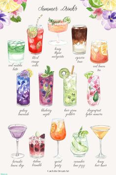 Fruity Summer Cocktails Watercolor - Design Cuts Mixology Party, Fruity Summer Cocktails, Drink Clipart, Fruity Alcohol Drinks, Cocktails Clipart, Menue Design, Fruity Cocktails, Fizzy Drink