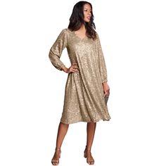 Step into the spotlight with the Roaman's Women's Plus Size Sequin Swing Dress, a dazzling ensemble designed to make you shine at any event. 

- Size: 18/20
- Color: Sparkling Champagne
- Material: Sequin mesh
- Gender: Female
- Age Group: Adult

This dress features a charming V-neck and a flowing swing silhouette that ensures graceful movement, while the long blouson sleeves with elasticized cuffs add a touch of sophistication. Fully lined at the body for comfort, this dress is perfect for even Holiday V-neck Sequin Dress With Glitter, Party Season V-neck Sequin Dress, Dressy V-neck Sequin Dress For Party Season, Dressy Sequined V-neck Dress, Dressy V-neck Sequin Dress, Dressy V-neck Dress With Sequins, Festive Fall Dresses With Sequins, Festive Fall Sequin Dress, V-neck Shimmer Dresses For Spring