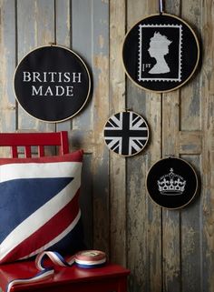 british made wall hangings with union jack and queen elizabeth's crown on them