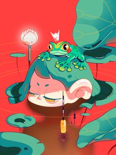 a frog with a crown on its head is surrounded by water lilies