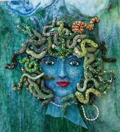 a painting of a woman with snakes on her head and eyes, surrounded by snakes