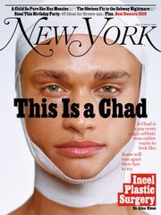 the front cover of new york magazine shows a man with bandages on his head and nose