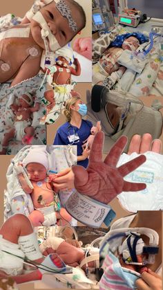 collage of photos with babys in hospital gowns and hand prints on them