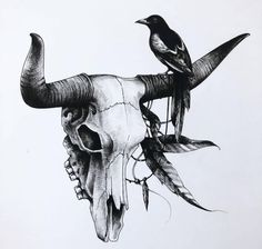 a drawing of a bull skull with two birds on it's head and one bird sitting on top of the skull