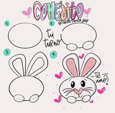 the instructions for how to draw a cartoon rabbit with speech bubbles and hearts on it