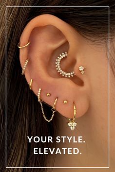 a woman with ear piercings that says, you're style elevated