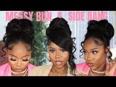 Messy Bun Updo With Bangs, Long Side Bangs Ponytail, Messy Bun Tutorial Black Women, Messy Bun With Bangs Black Women, Messy Bun Hairstyles For Black Women, Updo With Bang, High Bun With Bangs, Messy Bun With Bangs, Chev B