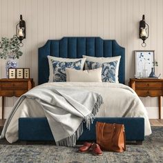 This bed is the right amount of dressed-up for a traditional southern home. With a classic look and clean lines with a ribbed headboard and classic silver nailhead trim. Think about adding a patterned duvet to really tie the look together. This bed also comes with two center legs that add that extra bit of support. Something to remember: House of Hampton® Color: Navy, Size: Full | House of Hampton® Musgrave Upholstered Standard Bed 55.0 H x 58.0 W x 82.5 D in blue / whiteVelvet in Navy | Full |