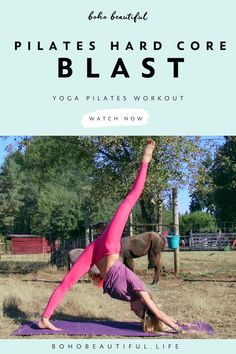 a woman doing yoga poses with the words pilates hard core blast above her