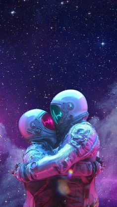 two people in space hugging each other