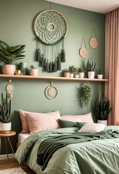 a bedroom with green walls and plants on the shelf above the bed in front of it