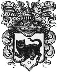 an old coat of arms with a black cat on the front and bottom, surrounded by scrolls