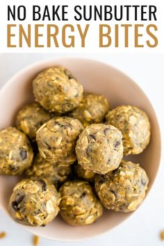 no bake sunbutter energy bites in a white bowl with text overlay