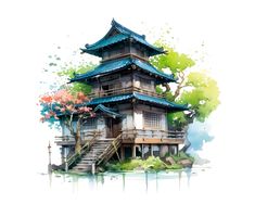 a watercolor painting of a pagoda with trees and flowers on the roof, in front of a body of water