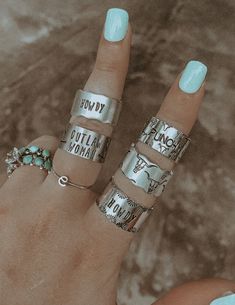 handmade variety set of 6 rings all adjustable & non-tarnish Western Silver Rings, Punchy Nails, Farm Jewelry, Western Fashion Jewelry, Southern Jewelry, Western Jewellery, Western Rings, Vintage Turquoise Ring, Cowgirl Accessories